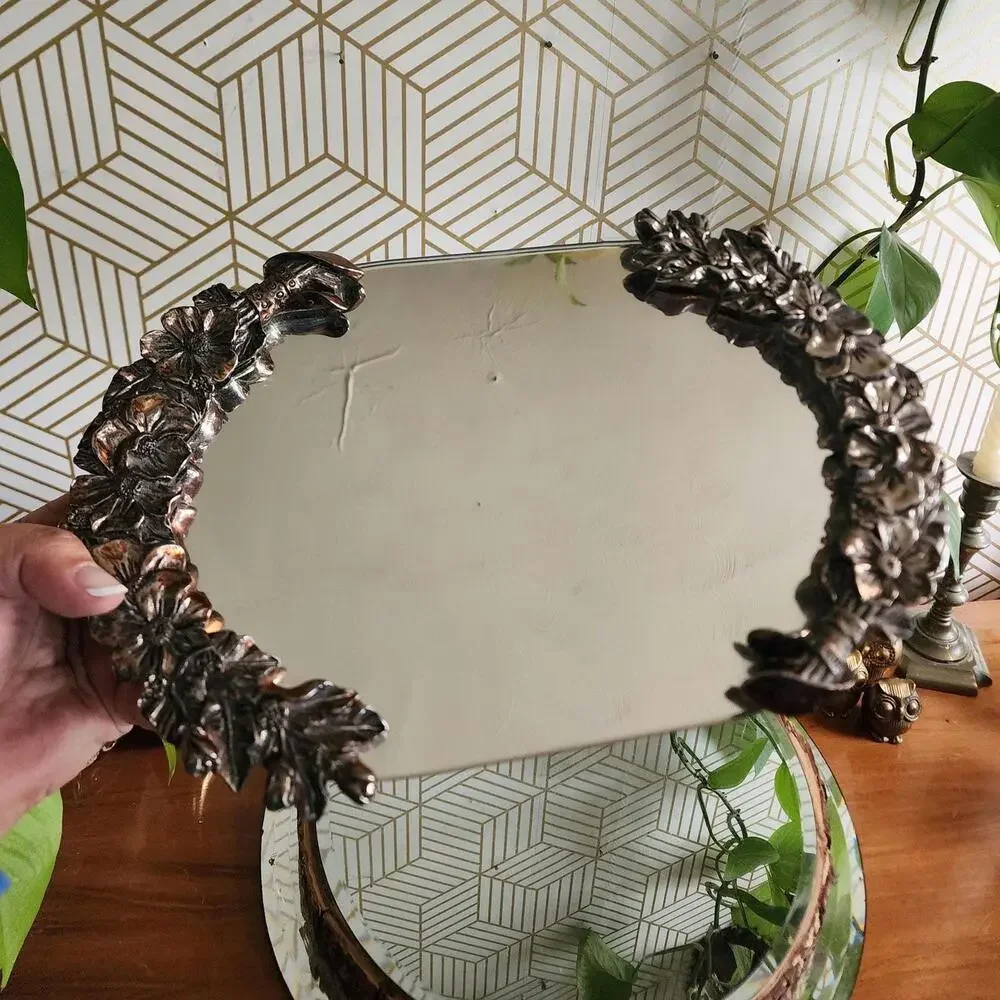 Vintage Heritage Mint Silver Plated Filigree Ornate Mirrored Vanity Tray